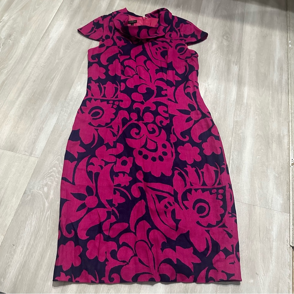 Talbots Hot Pink Blue %100 Linen Cowl Neck Dress Sz 6